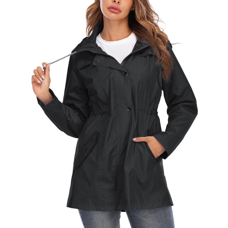 

Women's Trench Coats Famale's Windproof Waterproof Raincoat Striped Lining Lightweight Hood Long Autumn Winter Outdoor Jacket, Black
