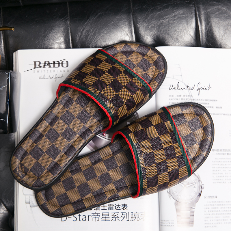 

Checkered pattern men Slippers luxury Brand designer Genuine Leather Slides black brown Beach flip flop outdoor Indoor Flat Sandals Slipper Large size 38-48