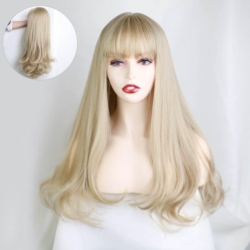 

Air bangs hair Golden wind natural micro long curly female wig set high temperature silk, Ombre color