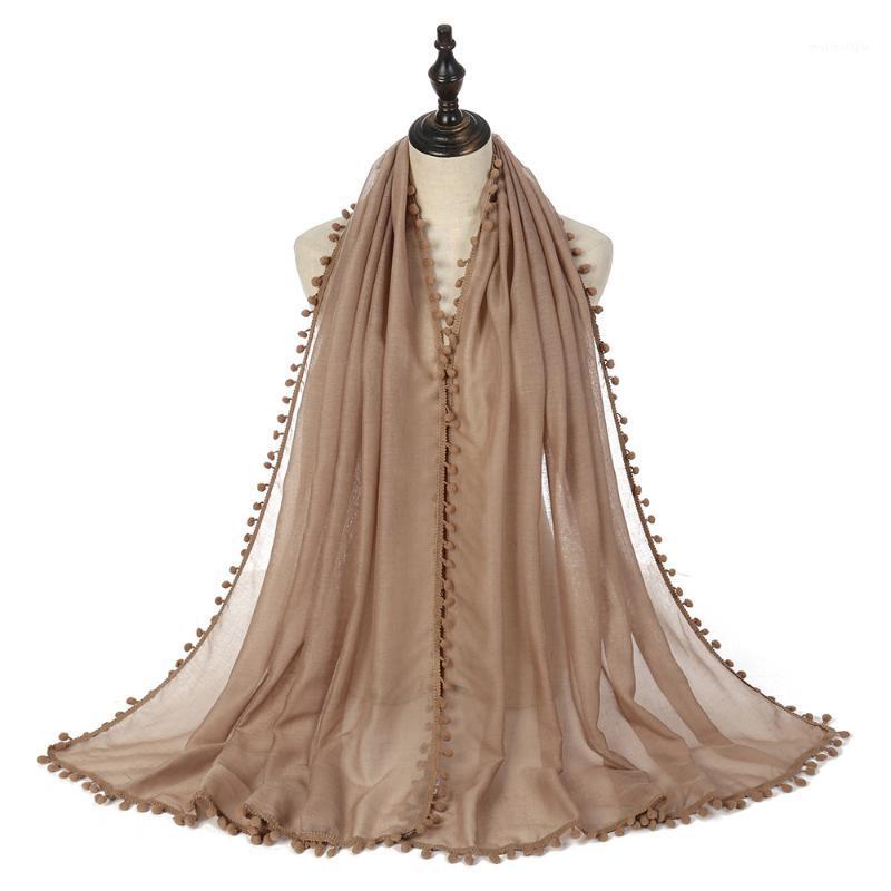 

Scarves 2021 Autumn Plain Soft Ball Chain Pom Viscose Shawl Scarf Lady High Quality Wrap Pashmina Stole Muslim Hijab Sjaal 180*80Cm