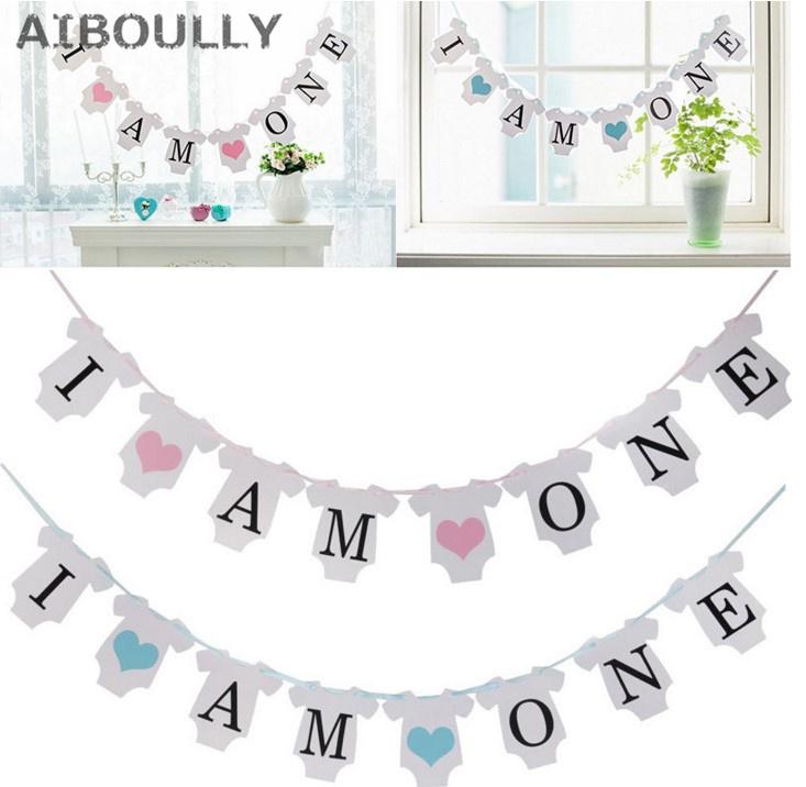 

Party Decoration ' I AM ONE Baby Birthday Banner Romper Suit Bunting Girl / Boy Decor Shower Po Prop