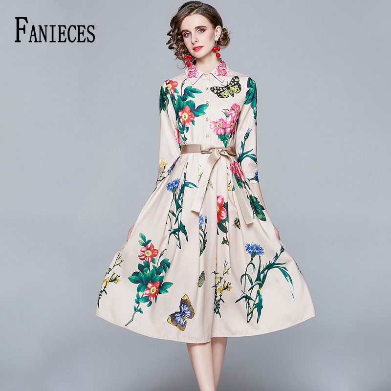 

Spring Autumn Women Casual Apricot Blue Print dress Long sleeve office lady Midi Slim A-line female kobieta sukienka 210520