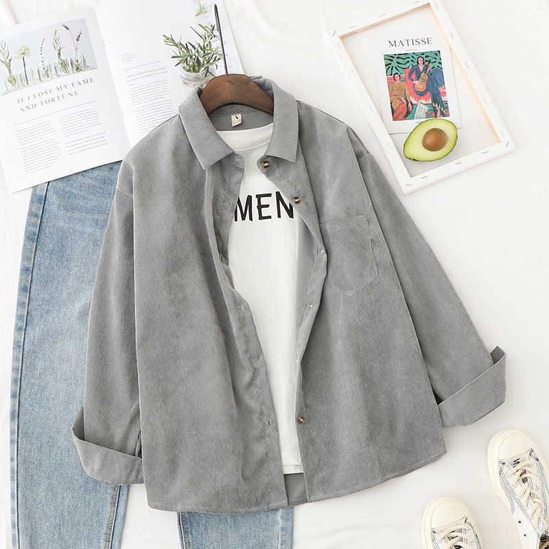 

Corduroy Shirts Womens Tops And Blouses Long Sleeve Spring Ladies Solid Loose Boyfriend Style Shirt 210721, Gray