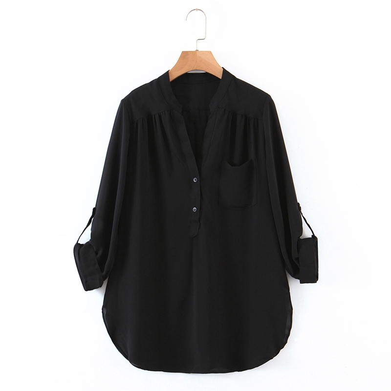 

Casual Loose Office Lady Blouse V neck Chiffon Black Shirts Spring Women Street Style Tops Female 210525