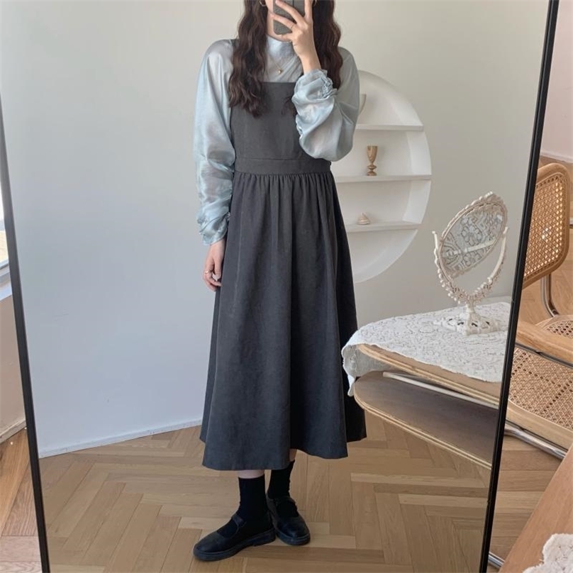 

Spring Women French Retro Dress Solid Two Piece Siut Sets Loose Gentle Full Sleeves Elegant Long Chic Female 210525, Gray blue