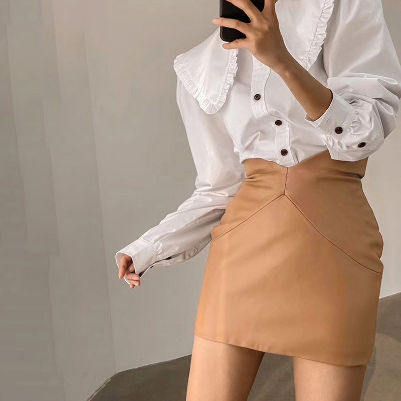 

Paris Girl Sexy PU Leather Bag Hip Skirts Womens Spring Sutumn Fashion Solid Zipper Faux High Waist Mini Short White Skirt 210524, Khaki