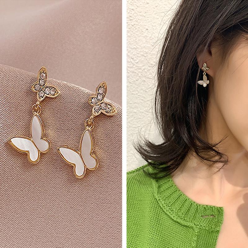 Dangle & Chandelier 2021 Fashion Elegant Crystal Butterfly Earrings Simple Cute Korean Female Lady Small Stud Vintage-image-700649706