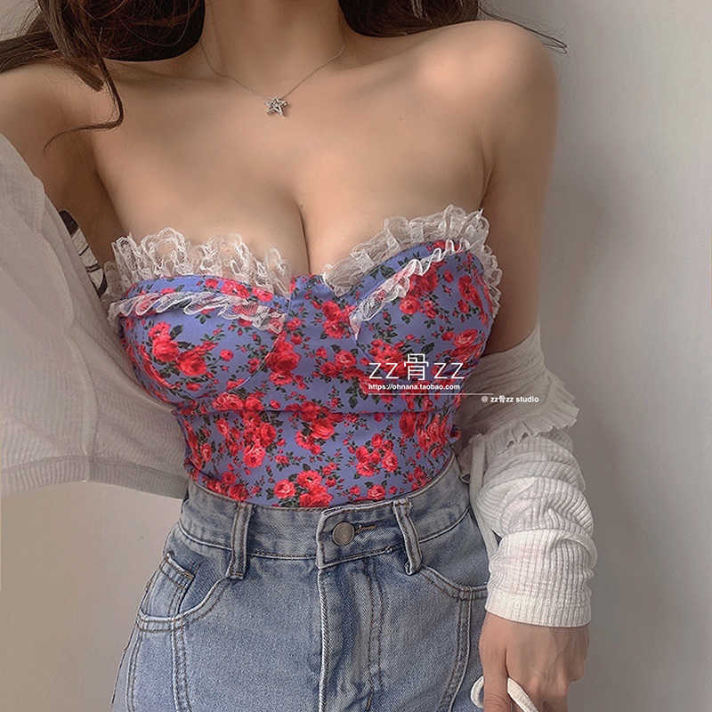 

WOMENGAGA Summer Tops Sweet Lace Ruffle Low Bust Sexy 3D Flower Lady Strapless Vest Tank Top Chinese Girl 78VC 210603, Decor no bra