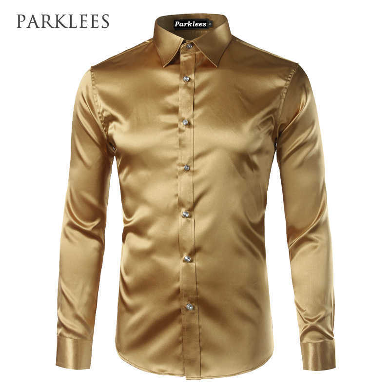 

Gold Silk Satin Shirt Men Chemise Homme Fashion Mens Slim Fit Long Sleeve Emulation Button Down Dress Red 210721, Dark green
