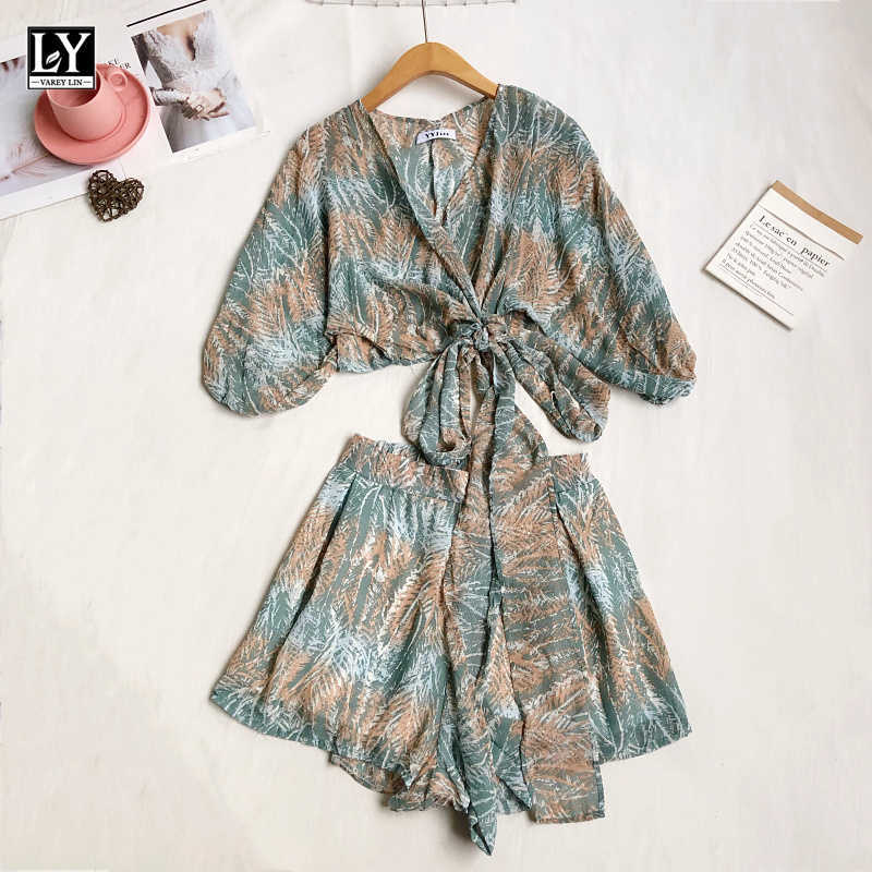 

LY VAREY LIN Summer Women Bohemian Vintage Two Piece Set V-neck Lace-up Chiffon Shirt+High Waist Wide Leg Shorts Suit 210526, Green