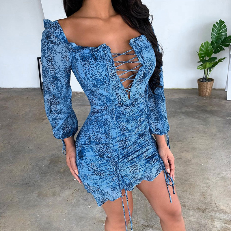 

2021 pleating chest lace-up hollow-out lantern sleeve dress, White;black