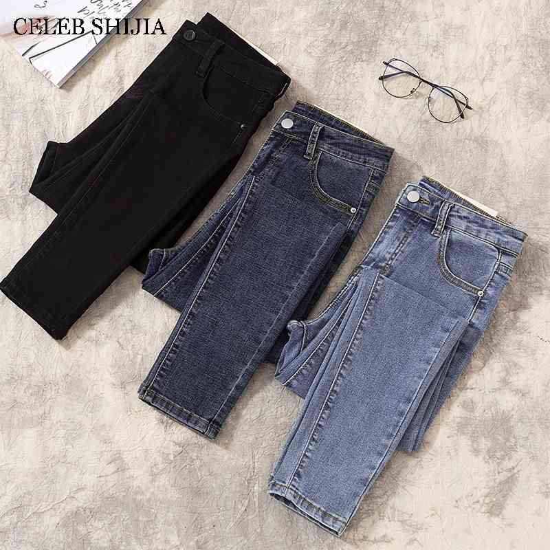 

CHIC Elastic Denim Skinny Jeans Woman High Waist Pencil Pants Woman Korean Fashion Show Slim High Light Blue Gray Jean Female 210616, Full length dark