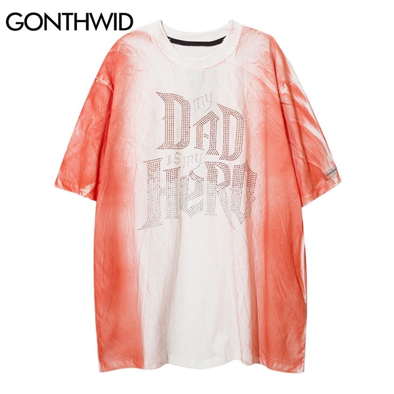 

Tees Shirts Streetwear Rhinestones Letters Tie Dye Punk Rock Gothic Tshirts Hip Hop Harajuku T-Shirts Short Sleeve Tops 210602, White
