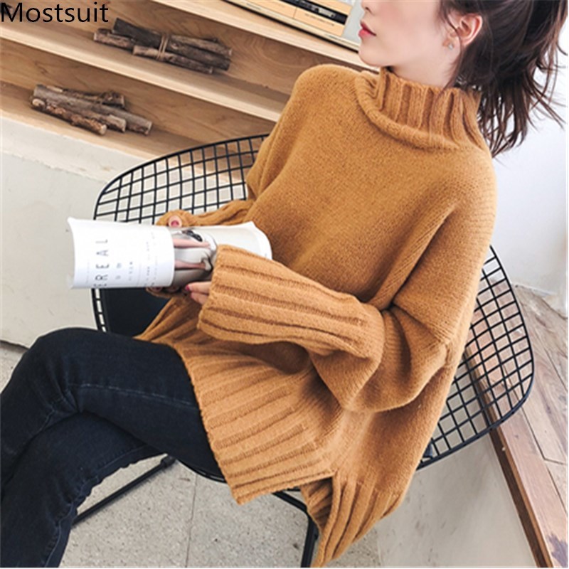 

Spring Autumn Loose Pullover Turtleneck Sweater Women Long Sleeve Knitted Tops Ladies Thicken Sweaters Korean Lazy Oaf 210518, Yellow
