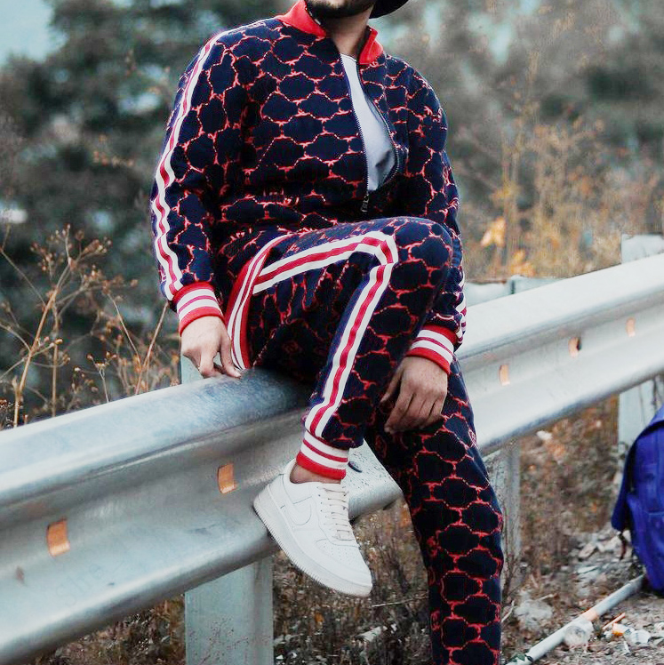 

Men Women tracksuits high quality two pieces set jacket & pants with letters and strips printed Size -4XL, Black