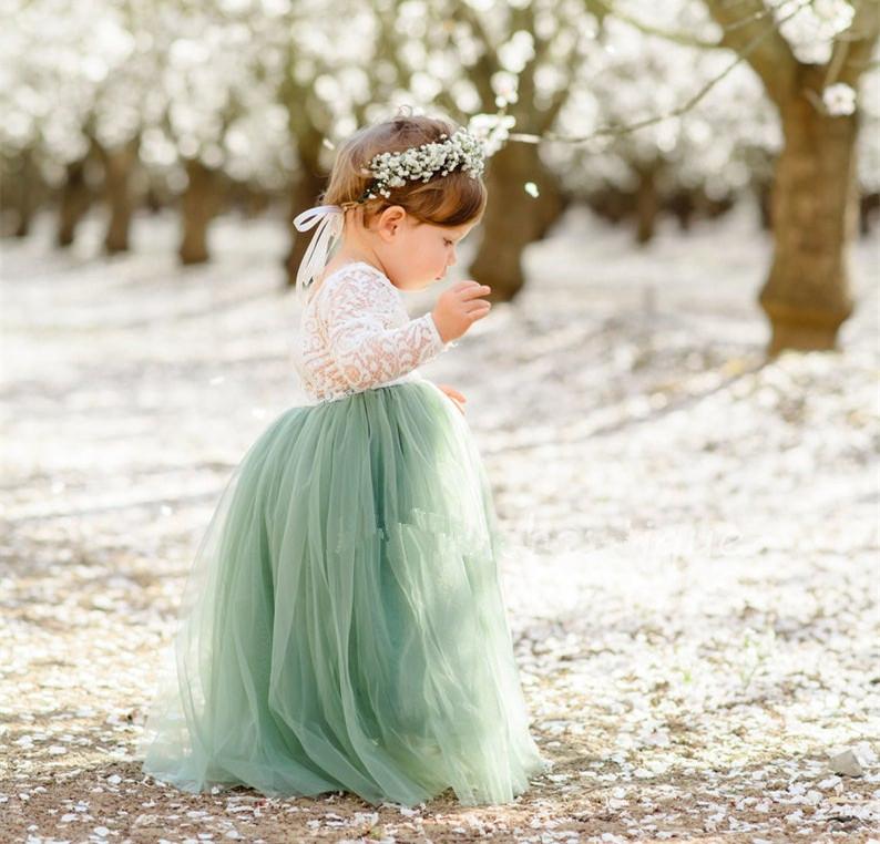 

Girl's Dresses Boho Beach Long Flower Girls Dress Green Tulle Full Sleeve O Neck Junior Country Bridesmaid Vestidos Toddlers Infant Par, White