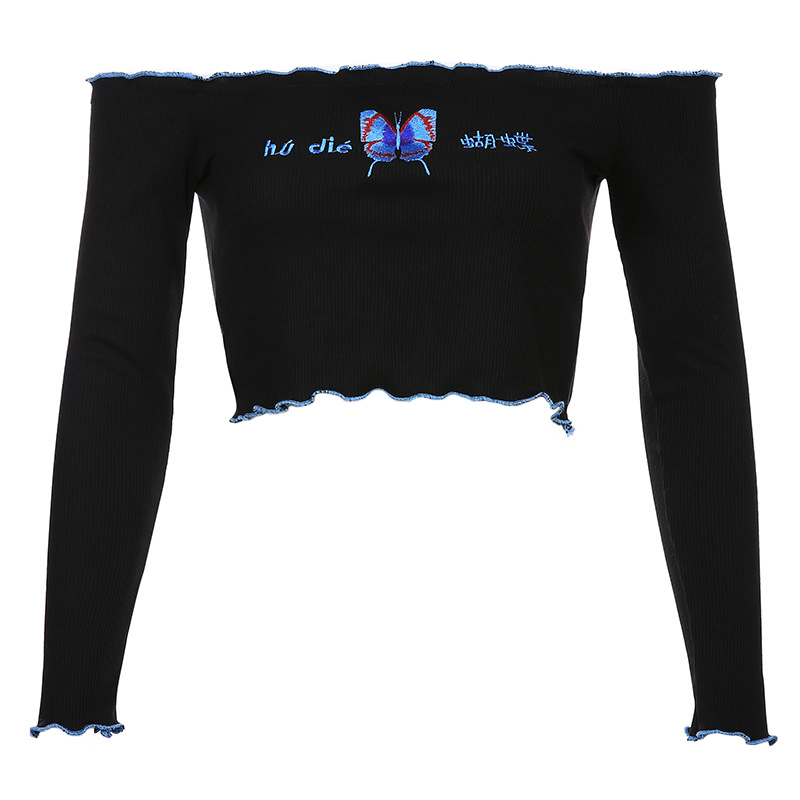 

Paris Girl Streetwear Ribbed Tshirt Women Sexy Off Shoulder Top Letter Butterfly Embroidery Women's T-shirts Autumn Long Sleeve 210524, Black t-shirt