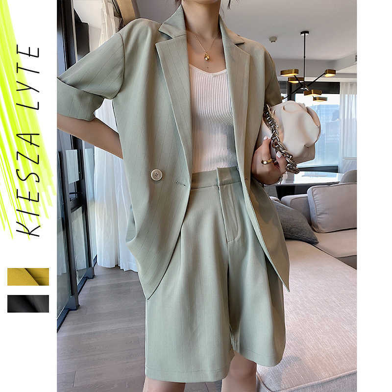 

Two Piece Set Women Suit Green Short Sleeved Summer High Street Fashion Blazer 2 PCS Sets OL Female Outfits 210608