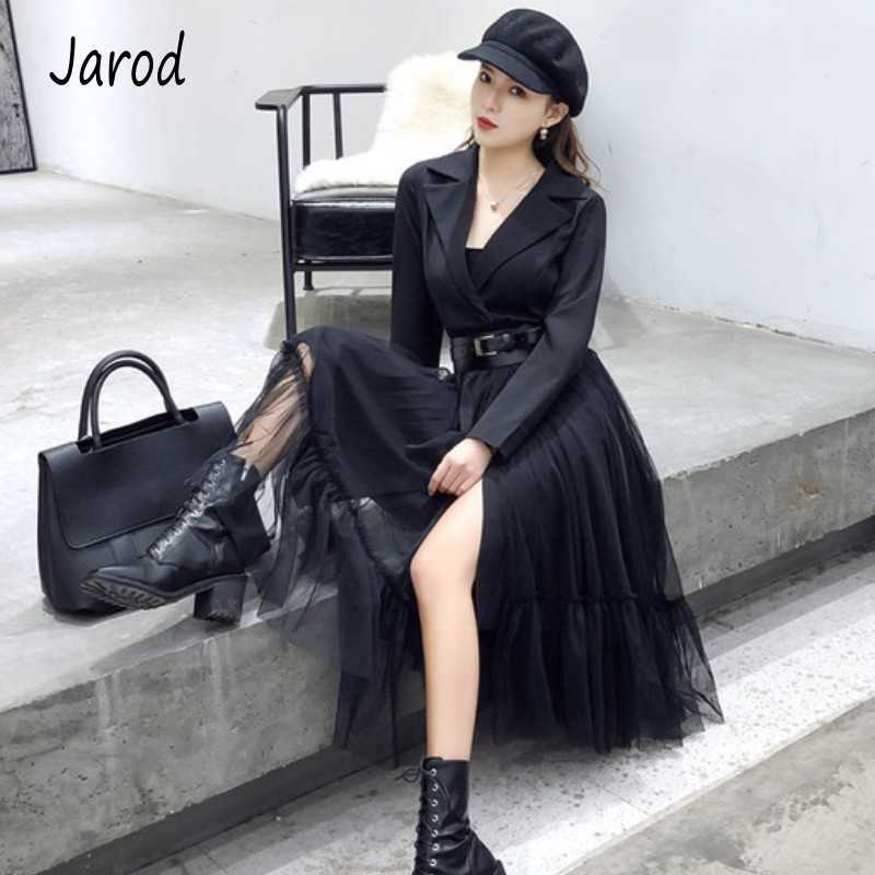 

Spring Autumn Sexy Mesh Patchwork Women Notched Neck Elegant Dresses Long Swing Vestido Belt high quality robe femme 210526, White long sleeve