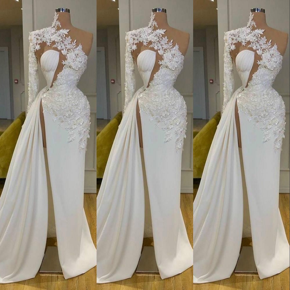 

2021 Sexy Arabic Dubai Exquisite Lace White Prom Dresses High Neck One Shoulder Long Sleeve Flowers Formal Evening Dress Side Split Robes De Mariée Sweep Train, Green