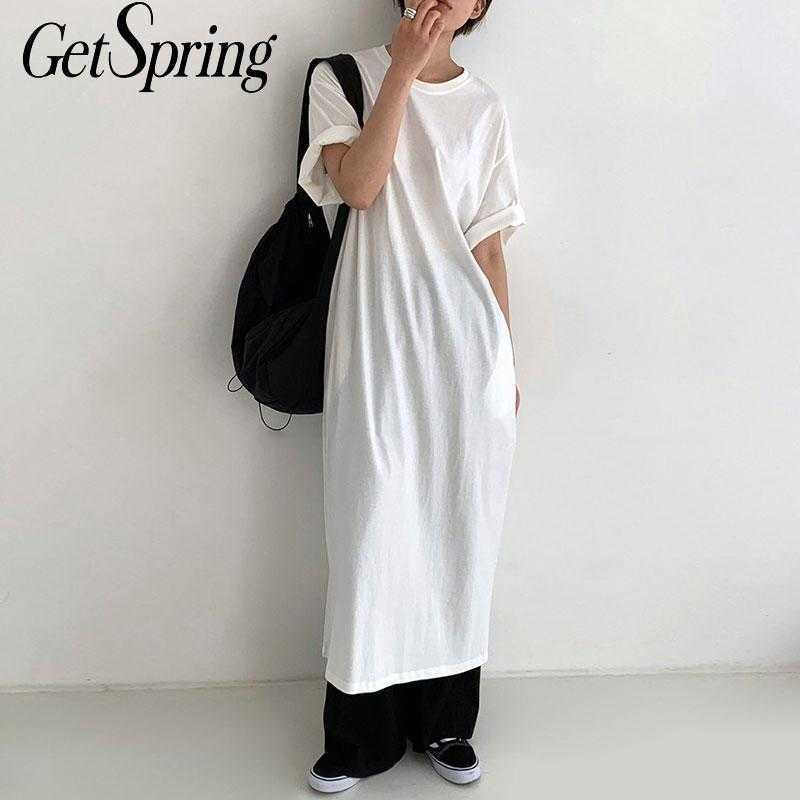 

Getspring Women Dress Short Sleeve Cotton Black White Loose Dresses Split Plus Size Casual T-shirt Summer 210601