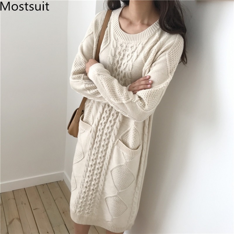 

Autumn Winter Twisted Knitted Women Sweater Dress Full Sleeve O-neck Thicken Loose Fashion Dresses Vintage Casual Vestidos 210518, Apricot