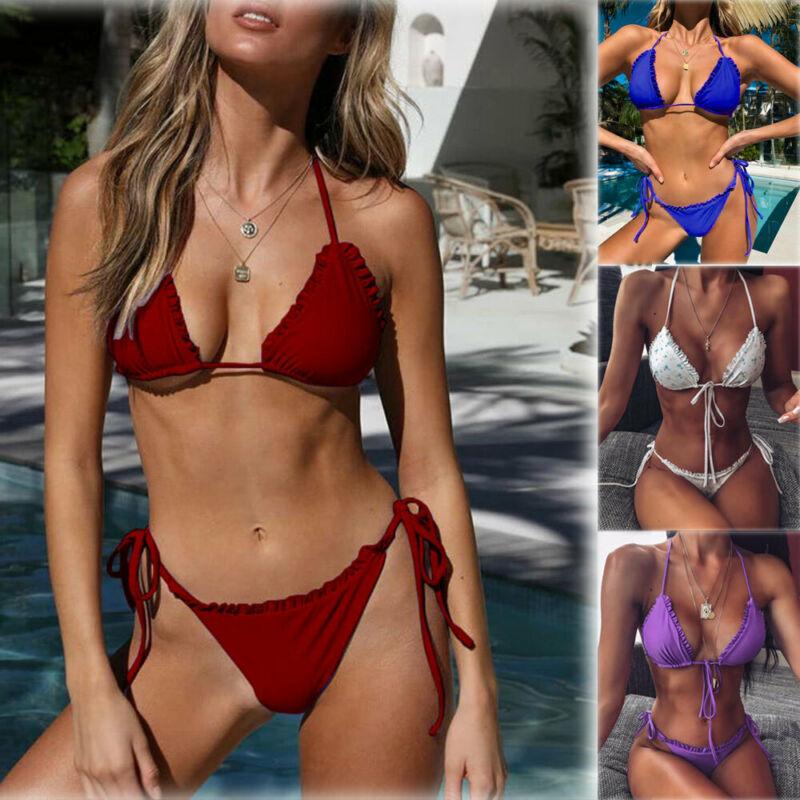 

Women's Swimwear Sexy Women Bathing Suit Ruffles Bikini Set Bandage Push Up Padded Thong Biquini Halter Style Beach Swimming Wear Beachwear, White;black