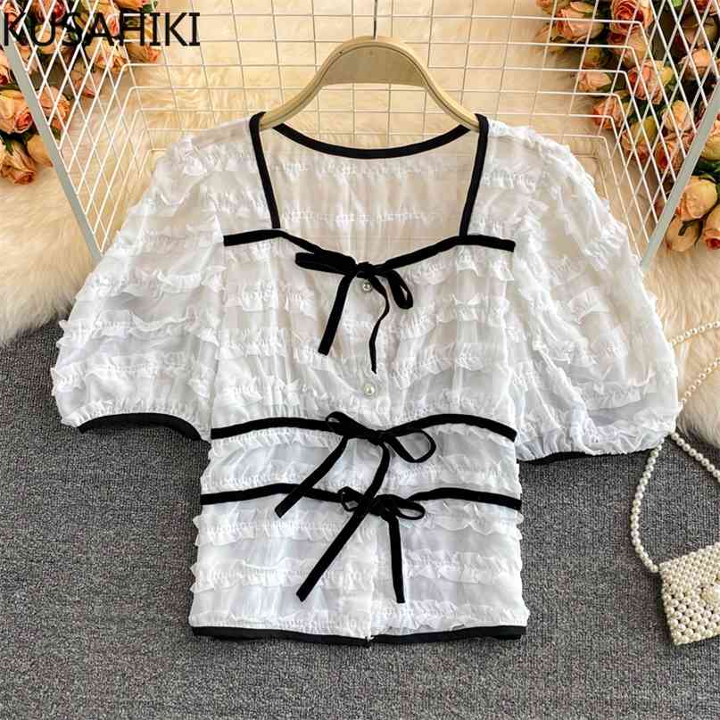 

Summer Hit Color Bow Tie Blouse Women Short Sleeve Square Collar Blusas Tops Fashion Chiffon Shirt 6J620 210603, White