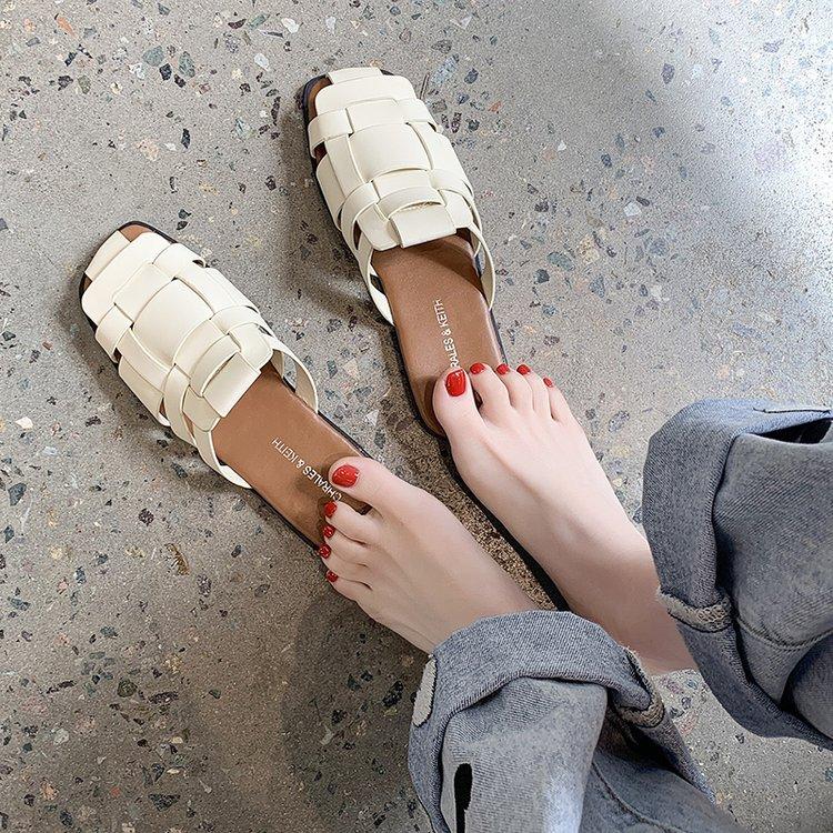 

Slippers Lazy Summer Fashion Braided Belt Flat PU Solid Outside Shoes For Women Round Toe Rubber Sole Slides Three Colors, Dark brown