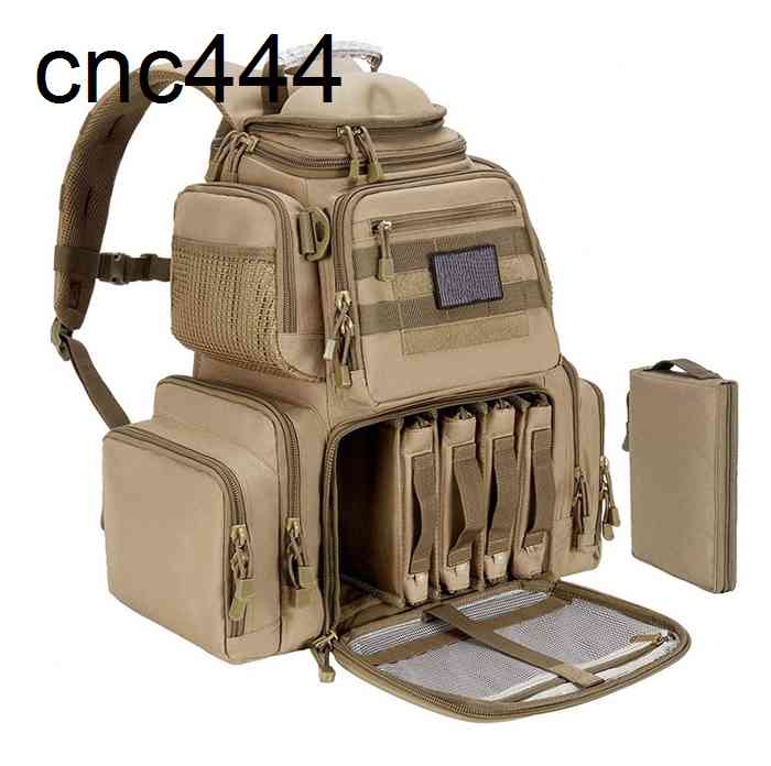 

100% Nylon Tan Tactical Range Backpack with removable pistol storage cases