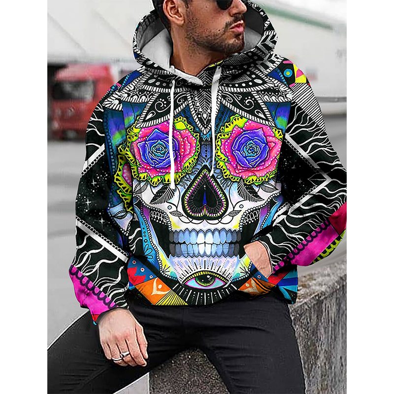 

Color skull pattern men s 3D printing hoodie visual impact party top punk goth round neck high quality sweater hoodie, Black