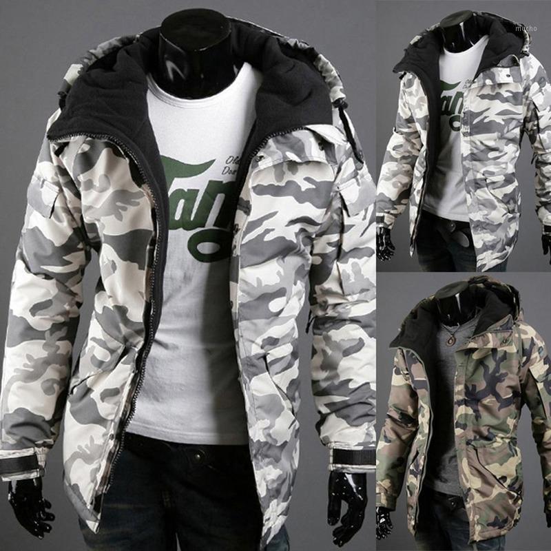 

Men Winter Thick Warm Coat Fur Windbreaker Jacket Autumn Camouflage Print Pocket Zipper Long Sleeve Yoga Outfit, Army green
