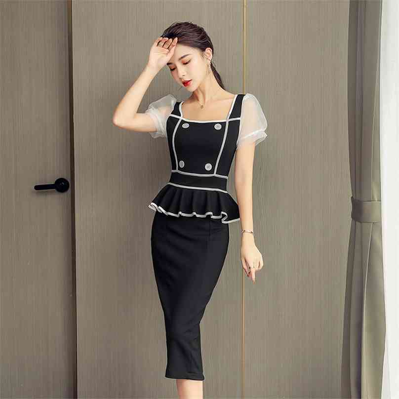 

Korea Dress for women Summer Black Ruffle Sleeve Square neck hollow out Sexy Ladies OL Office Long Maxi Dresses 210602