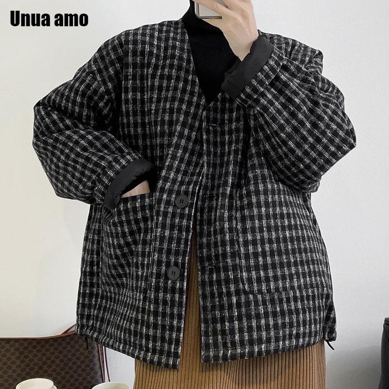 

Women's Wool & Blends Unua Amo 2021 Vintage Plaid Woolen Coat Women Fashion V-neck Single Breasted Outwear Cotton Padded Warm Female Winter, Black