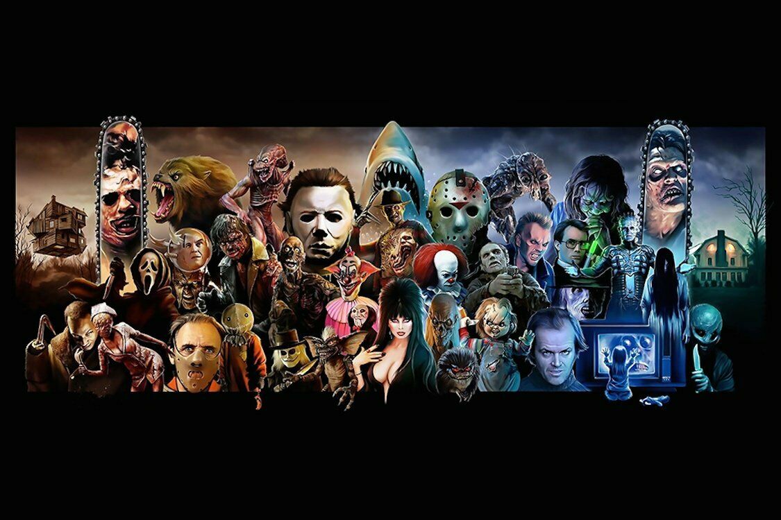 

MONSTER MASH UP HORROR MOVIE CHARACTER VILLAIN COLLAGE Paintings Art Film Print Silk Poster Home Wall Decor 60x90cm