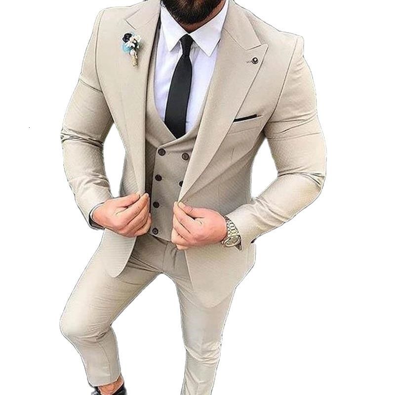 

Men's Suits & Blazers Thin beige fit 3 Male suit wedding tuxedo groom groomsmen business graduation blazer (jacket + pants tie vest, White