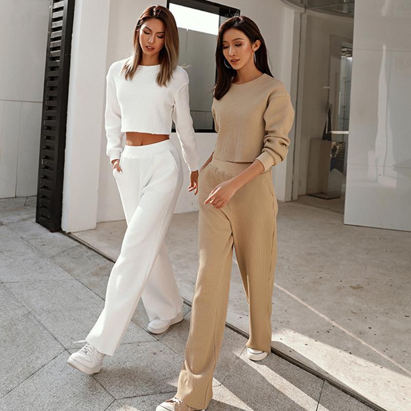 

Women' Two Piece Pants FridayIn Autumn Women Cotton Blended Soild Sports Casual Daily Pantssuit Wide Leg Short Sweater Two-piece Set, Khaki