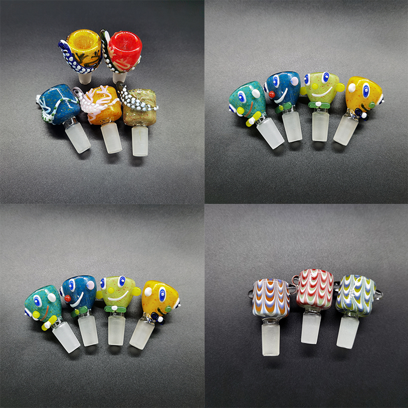 

Thick Round Funnel Glass Bowl Hookahs Accessories 5 Style Colorful Unique Shape Hand Made 14mm 18mm Male Joint Oil Burner For Tobacco Herb D