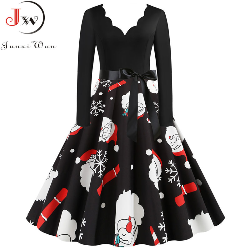 

S3XL Plus Size Women Winter Christmas Dress Vintage Santa Printed V-Neck Long Sleeve Swing Sexy Xmas Party Festival Dress Robe, Pettiskirt red