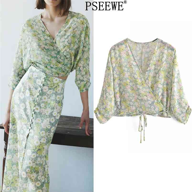 

Women Blouse Floral Print Wrap Chiffon Female Cottagecore Crop Top Woman Chic V Neck Summer Thin s 210519