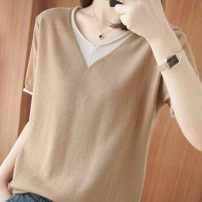 

Blusas Blouses Top Femme Tops Women Short Sleeve Knitted Blouse Women Blusas Mujer De Moda Verano Knit Blouse Shirt E809 210602, Camel