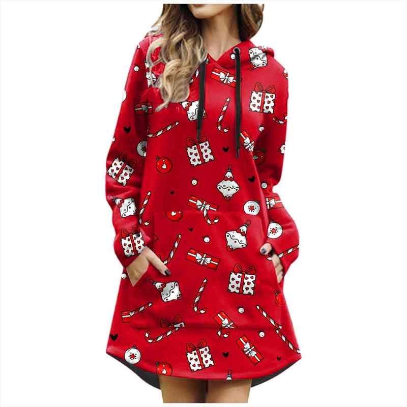 

christmas casual solid color women dresses printing pullover hooded pocket long sleeve mini dress vestido ocasional, Black;gray