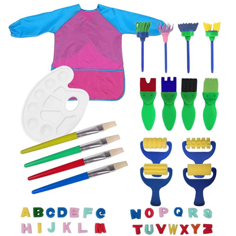 

Kids Painting Drawing Tools Waterproof Art Smock Aprons 26 Alphabets Mini Flower Sponge Brush Paint Tray Palette Set