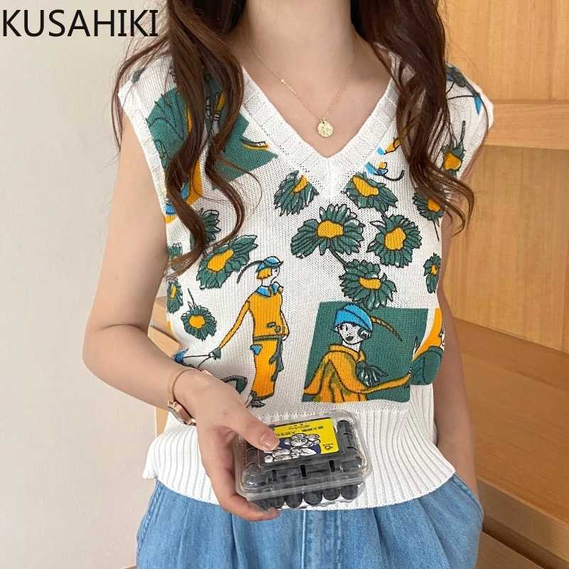 

KUSAHIKI Vintage Cartoon Jacquard Knitted Vest Causal V-neck Sleeveless Woman Tanks Summer Thin Sweater Vests 6J489 210602, Photo color