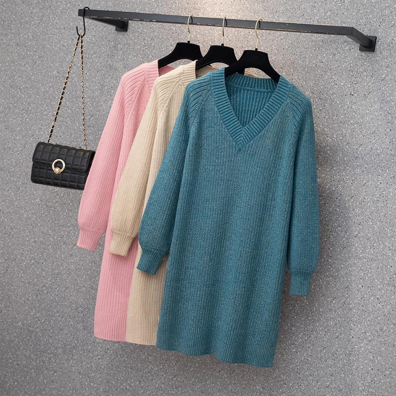 

Casual Dresses Plus Size Autumn Winter Long V-neck Straight Sweater Dress Women Oversize Maix Thick Basic Knit Big, Green
