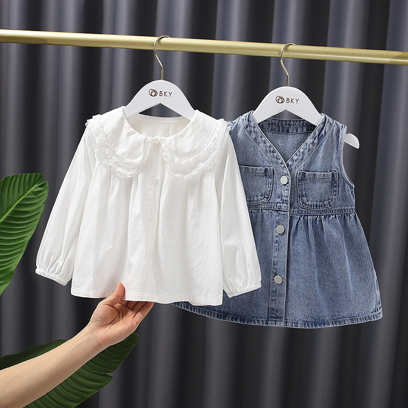 

Clothing Sets Spring Kids Girls 2-pcs White Peter Pan Collar Long Shirts + Denim Pocket Vest Children Clothes E1114 14F9