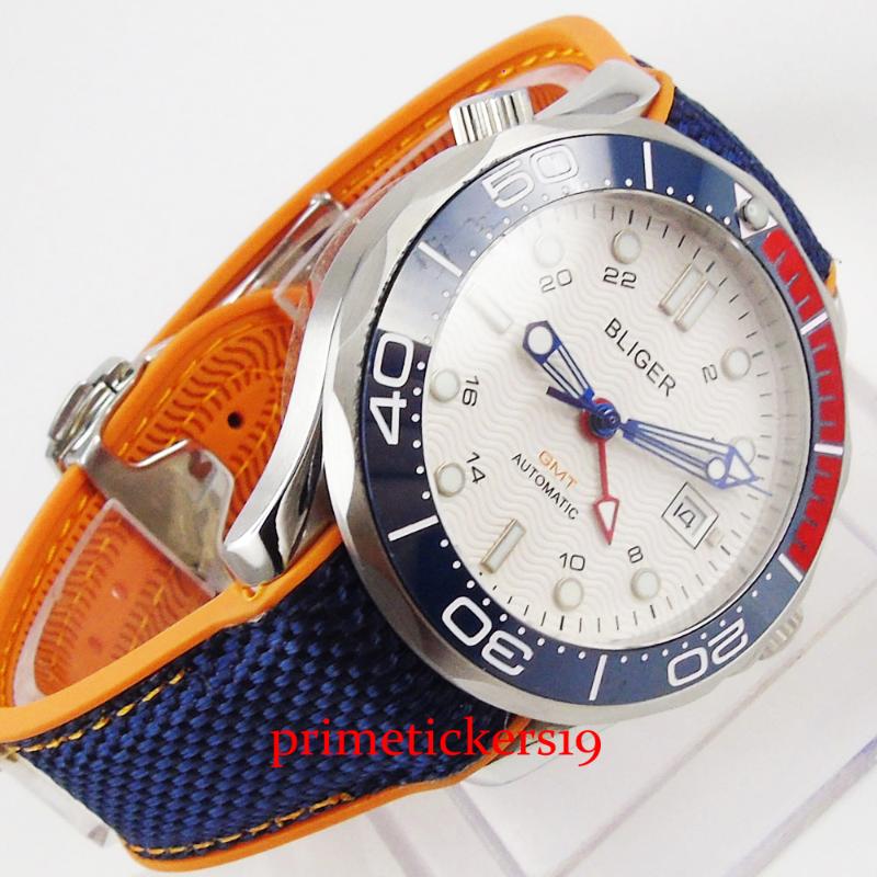

Wristwatches 3 Type Bezel 41mm GMT Function Blue Orange Rubber Strap Red Hands Date Window Automatic Men's Watch