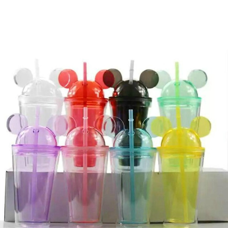 

8colors 15oz Acrylic tumbler with dome lid plus straw double Wall Clear Plastic Tumblers with Mouse Ear Reusable cute drink cup lovely ZX02, Multi-color