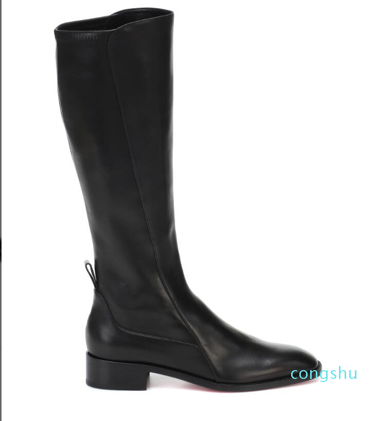 Hiver Fashion Femmes Bottes de fond rouge Tagastch Cuir Bottes hautes Bottes en cuir noir Véritable Bottes hautes plates Appartements Robe de soi