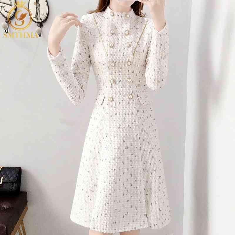 

Vintage Tweed Woolen Winter Dresses Women Long Sleeve White Double-Breasted Fashion Clothes Vestidos 210520, Photo color